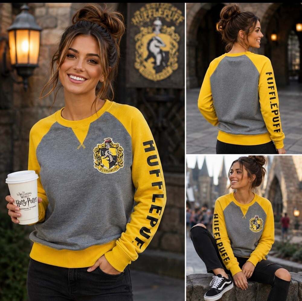 Harry Potter Hufflepuff Universal Studios Raglan Sweatshirt Gray Yellow XS
